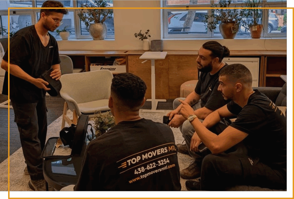 Top Movers MTL crew preparing for an office relocation as part of our commercial moving services in Montreal.